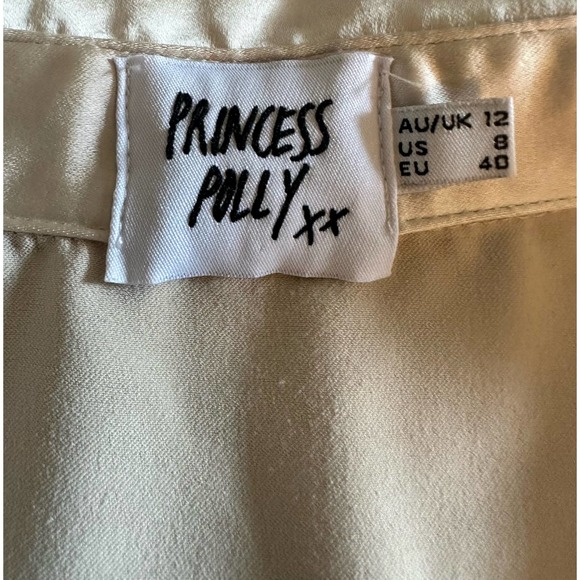 US-8 Princess Polly 90210 Satin Button-Up Blouse Top White Mini Dress Long Slv - Picture 4 of 4